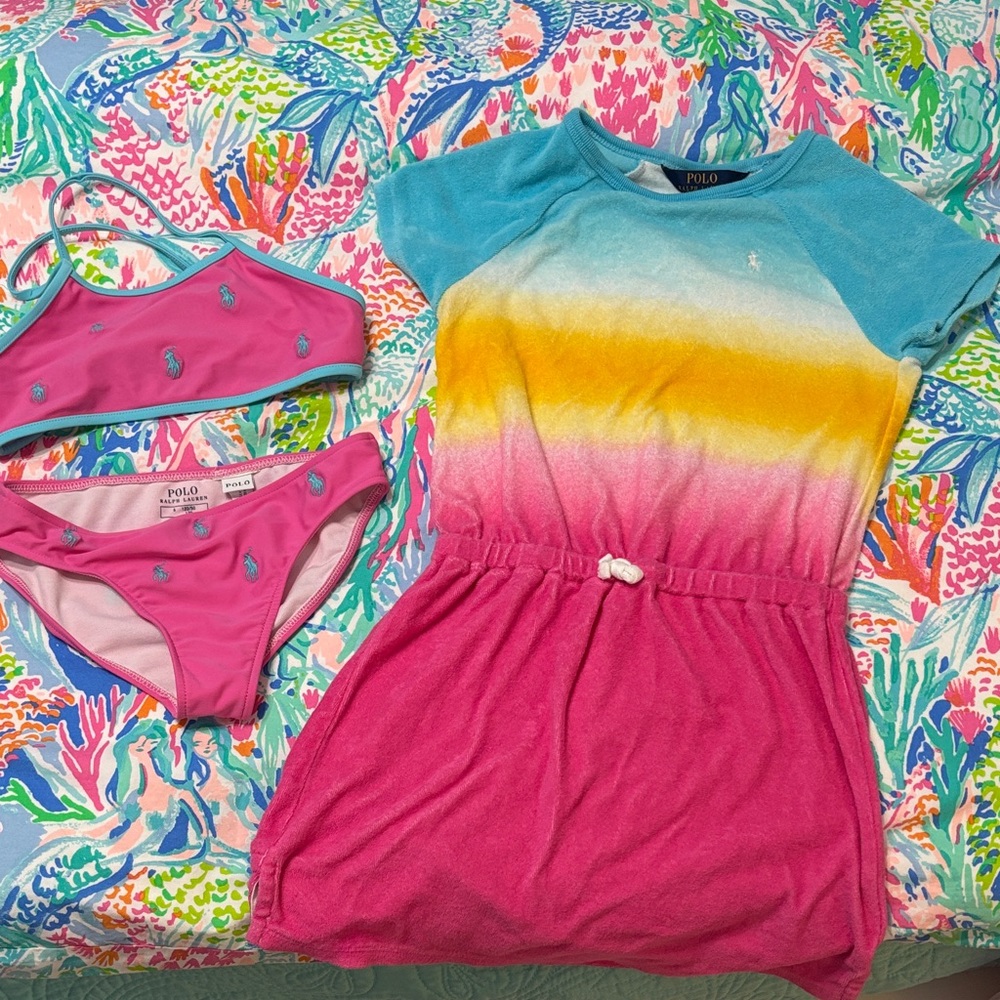 Polo by Ralph Lauren Pink Ombre Terry Cover-Up with Hot Pink Bikini Set
